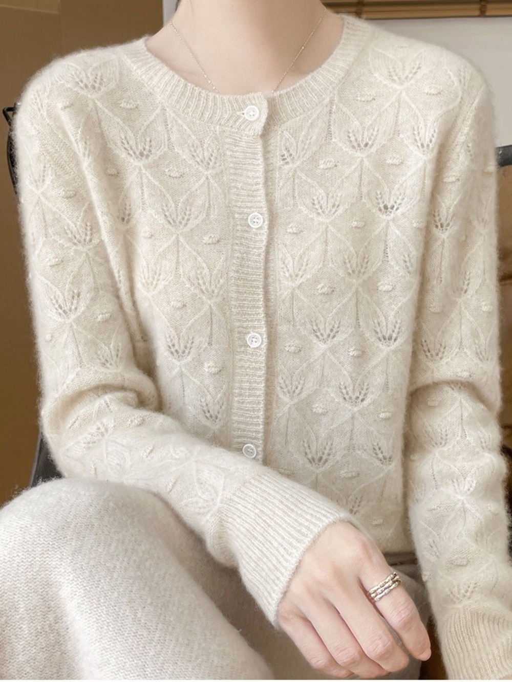 100% Merino Wool Pointelle Knit Cardigan Sweater Cream Leaf
